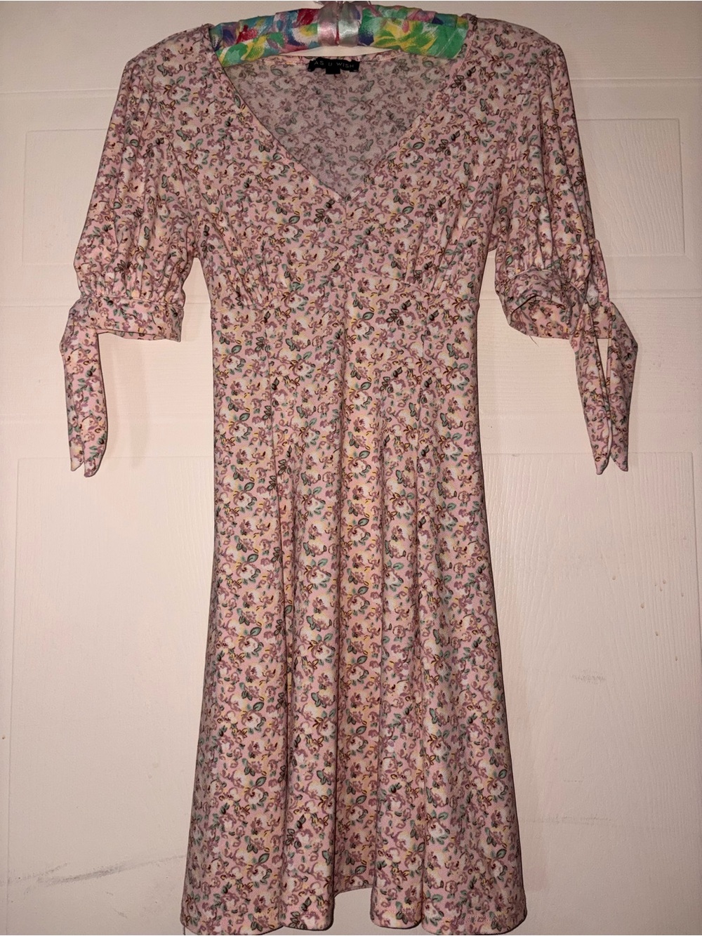As U Wish Pink Floral V-Neck Midi Dress with Tie Sleeves